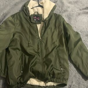 Delia’s navy green jacket with fur inside, pocket, adjustable strings on bottom